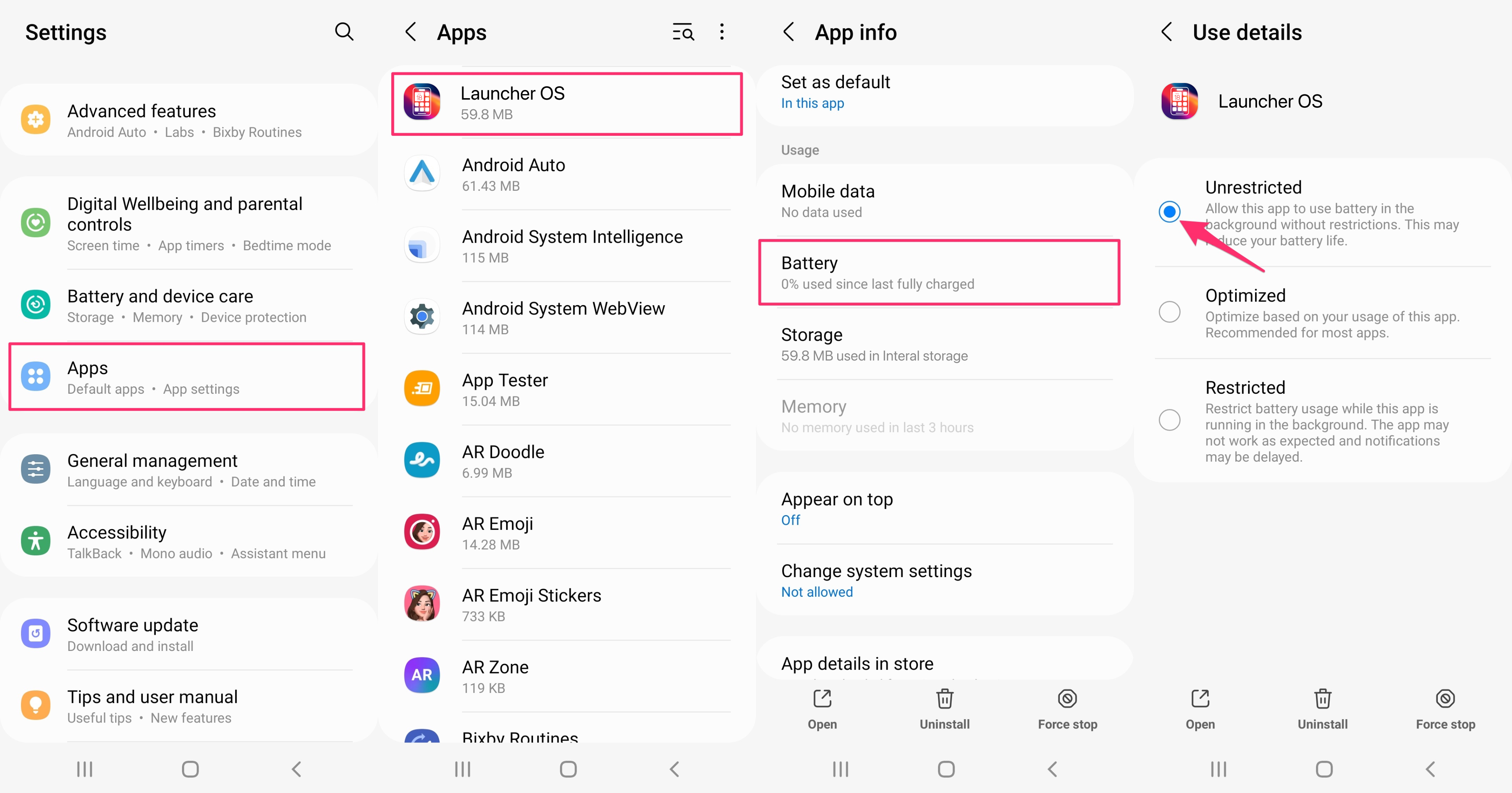 Battery optimization setting for Samsung Android12