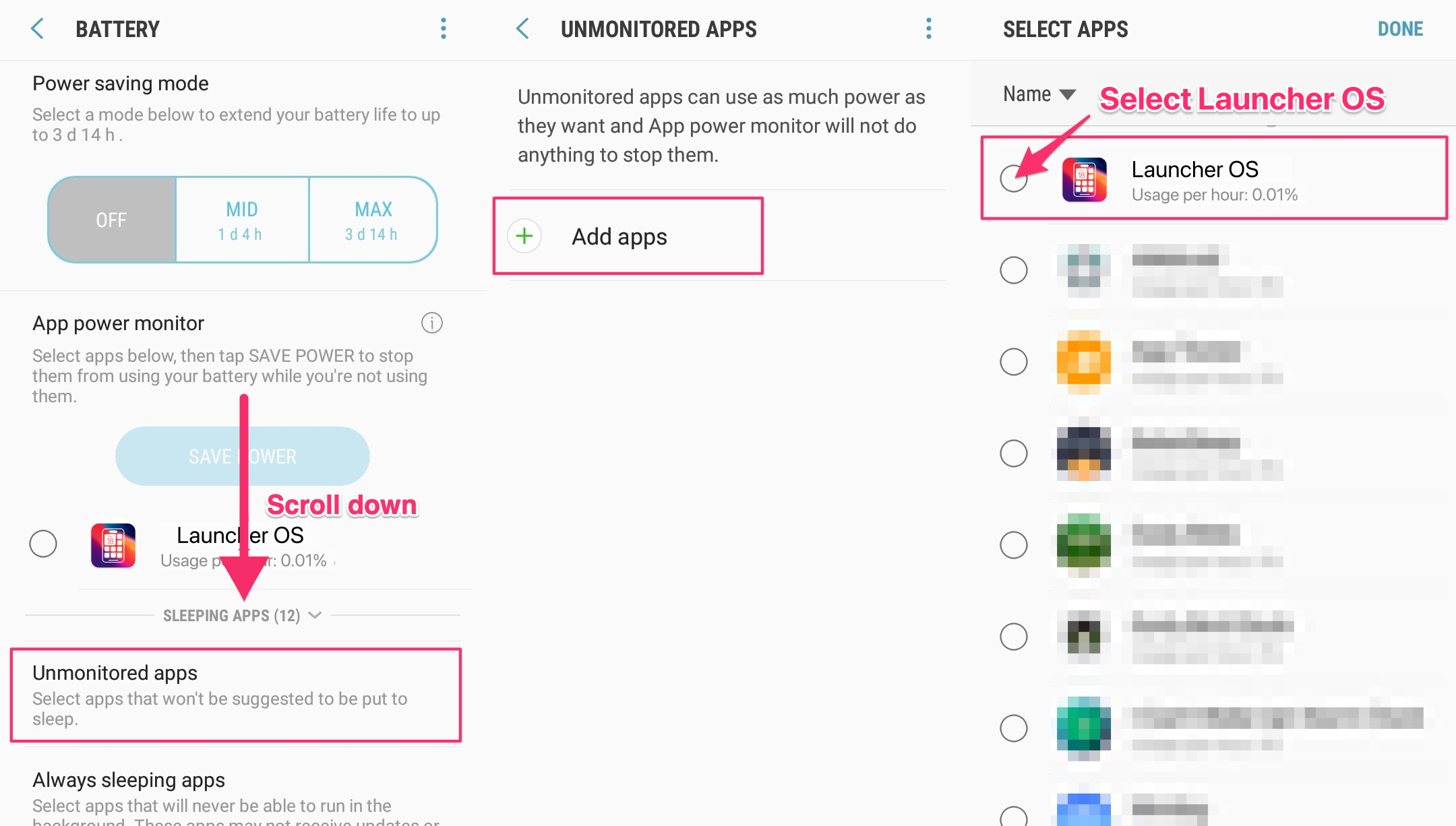 Unmonitored apps for Samsung